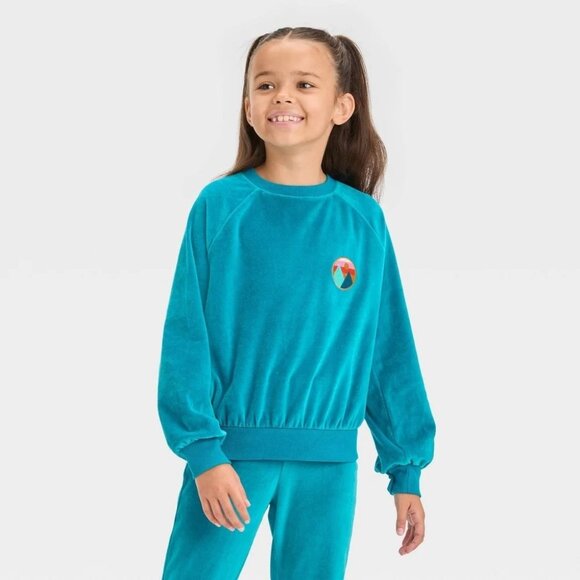 Cat & Jack Velvet Long Sleeve Turquoise Sweatshirt With Logo Patch size 10-12 La - Picture 1 of 3